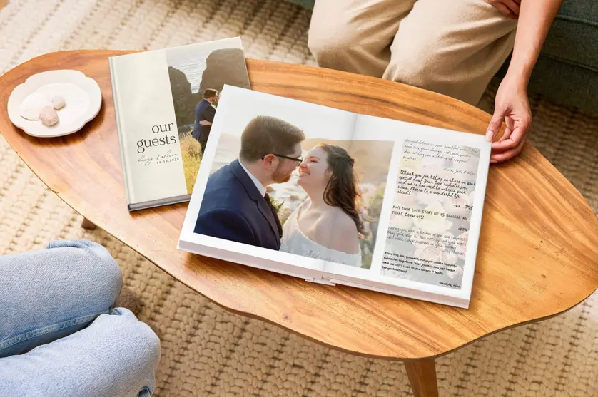 open wedding guest book with messages
