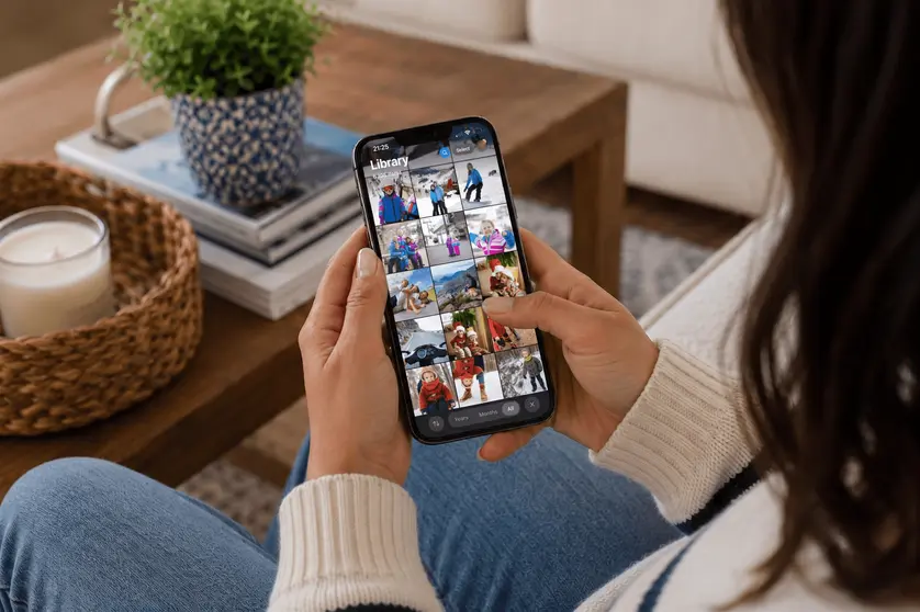Parent scrolling through hundreds of family photos on a smartphone camera roll, capturing the everyday chaos of family life