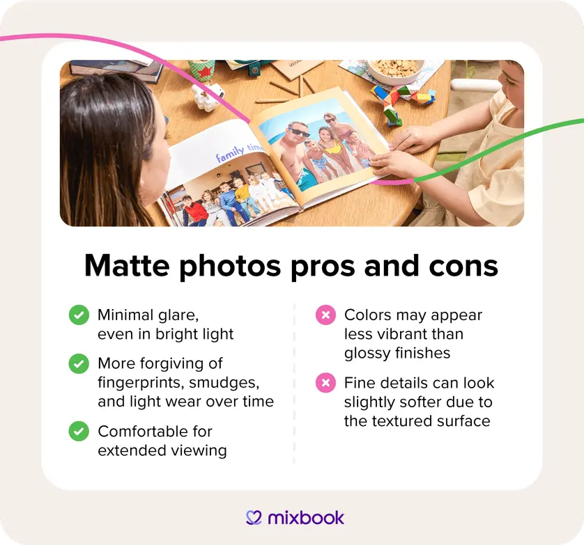 A table listing the pros and cons of matte photo prints.