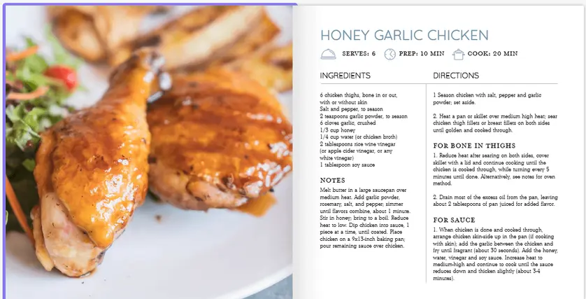 Pages of a recipe photo book with text