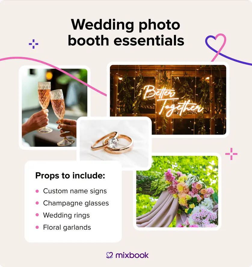 An image highlighting props to use for a wedding DIY photobooth.